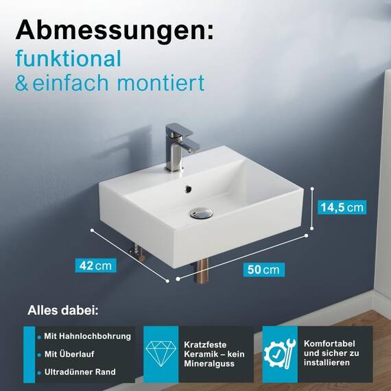 Aqua Bagno Handwaschbecken 50 cm Keramik Weiß, Hängewaschbecken rechteckig für Wandmontage, Aufsatzwaschbecken mit Hahnloch und Überlauf, platzsparender Waschtisch fürs Gäste-WC