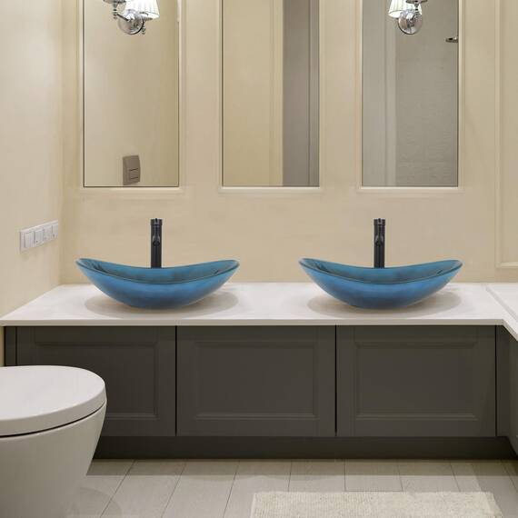 YU YUSING Waschbecken Glas Aufsatzwaschbecken Waschtisch, Oval Hand Waschschale mit Wasserhahn Set, Waschplätze für Badezimmer Küche Gäste WC, Modern Dunkelblau