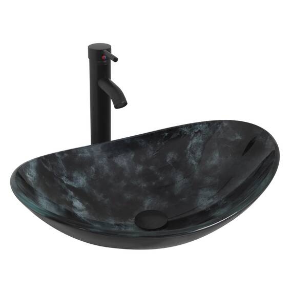 YU YUSING Waschbecken Glas Aufsatzwaschbecken Oval mit Wasserhahn Set, Waschtisch für Badezimmer Küche Gäste WC, Modern Dunkelgraue Textur, 53x35x15,5 cm