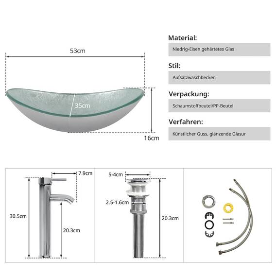 YU YUSING Aufsatzwaschbecken Waschbecken Glas Waschtisch, Oval Hand Waschschale mit Wasserhahn Set, Waschplätze für Badezimmer Bad Küche Gäste WC, Modern Silber,53 x 35 x 16 cm