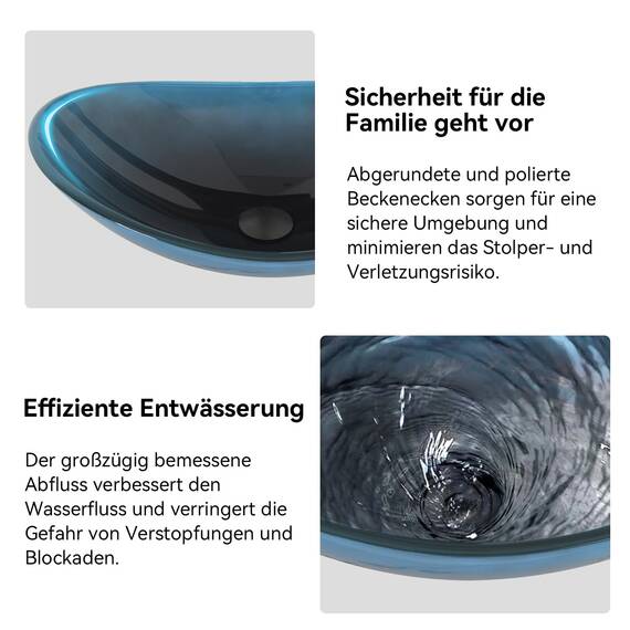 YU YUSING Waschbecken Glas Aufsatzwaschbecken Waschtisch, Oval Hand Waschschale mit Wasserhahn Set, Waschplätze für Badezimmer Küche Gäste WC, Modern Dunkelblau