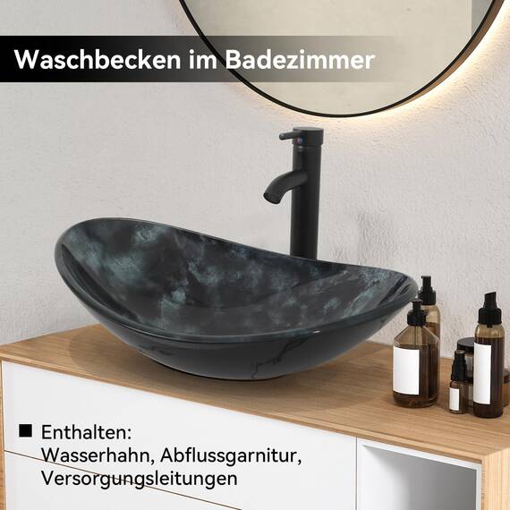 YU YUSING Waschbecken Glas Aufsatzwaschbecken Oval mit Wasserhahn Set, Waschtisch für Badezimmer Küche Gäste WC, Modern Dunkelgraue Textur, 53x35x15,5 cm