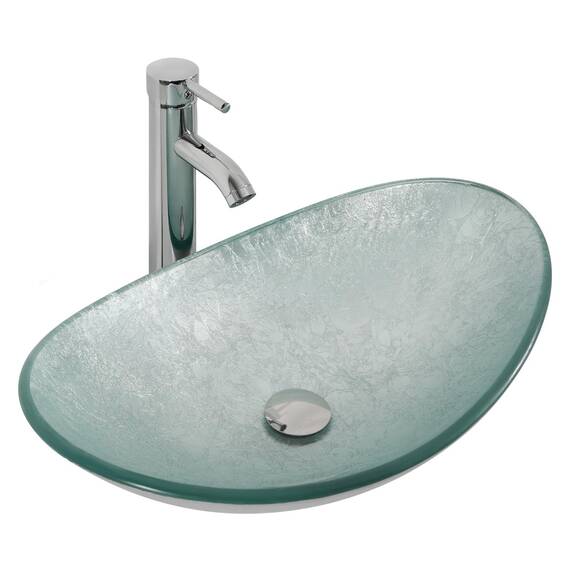 YU YUSING Aufsatzwaschbecken Waschbecken Glas Waschtisch, Oval Hand Waschschale mit Wasserhahn Set, Waschplätze für Badezimmer Bad Küche Gäste WC, Modern Silber,53 x 35 x 16 cm