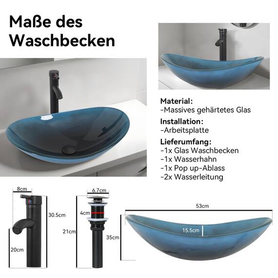 YU YUSING Waschbecken Glas Aufsatzwaschbecken Waschtisch, Oval Hand Waschschale mit Wasserhahn Set, Waschplätze für Badezimmer Küche Gäste WC, Modern Dunkelblau