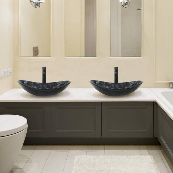 YU YUSING Waschbecken Glas Aufsatzwaschbecken Oval mit Wasserhahn Set, Waschtisch für Badezimmer Küche Gäste WC, Modern Dunkelgraue Textur, 53x35x15,5 cm