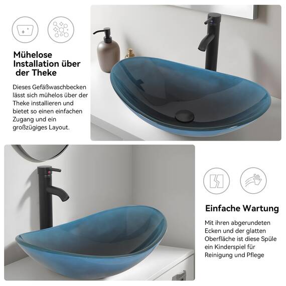 YU YUSING Waschbecken Glas Aufsatzwaschbecken Waschtisch, Oval Hand Waschschale mit Wasserhahn Set, Waschplätze für Badezimmer Küche Gäste WC, Modern Dunkelblau