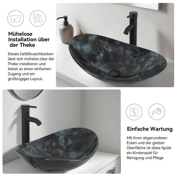 YU YUSING Waschbecken Glas Aufsatzwaschbecken Oval mit Wasserhahn Set, Waschtisch für Badezimmer Küche Gäste WC, Modern Dunkelgraue Textur, 53x35x15,5 cm