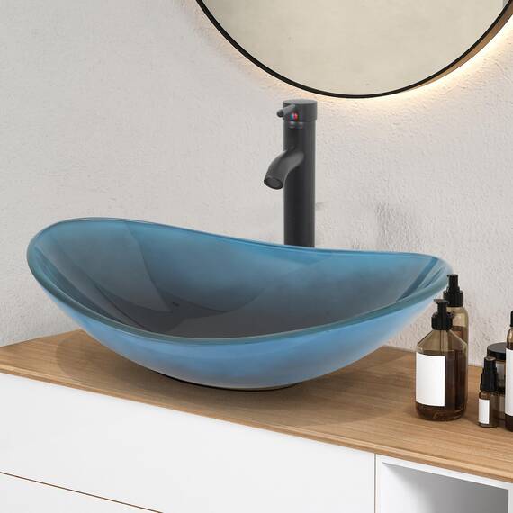 YU YUSING Waschbecken Glas Aufsatzwaschbecken Waschtisch, Oval Hand Waschschale mit Wasserhahn Set, Waschplätze für Badezimmer Küche Gäste WC, Modern Dunkelblau