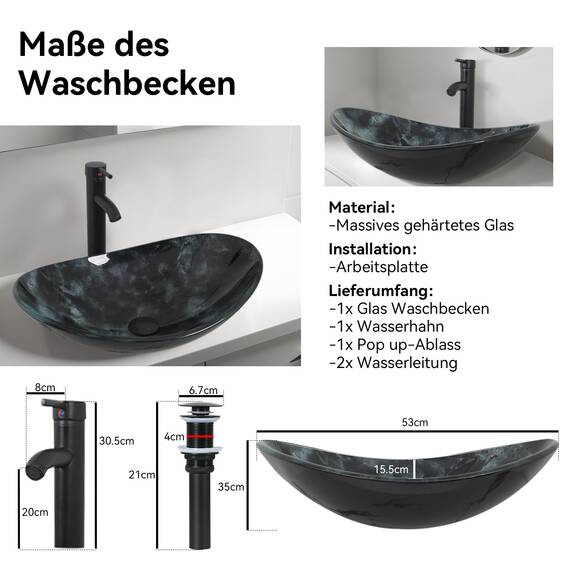 YU YUSING Waschbecken Glas Aufsatzwaschbecken Oval mit Wasserhahn Set, Waschtisch für Badezimmer Küche Gäste WC, Modern Dunkelgraue Textur, 53x35x15,5 cm