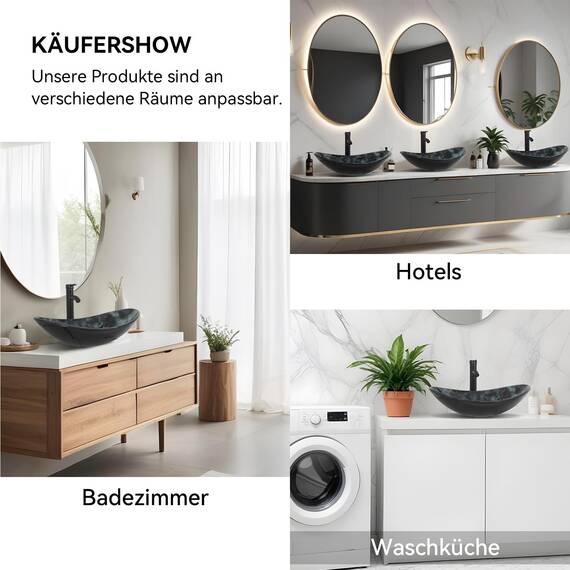 YU YUSING Waschbecken Glas Aufsatzwaschbecken Oval mit Wasserhahn Set, Waschtisch für Badezimmer Küche Gäste WC, Modern Dunkelgraue Textur, 53x35x15,5 cm