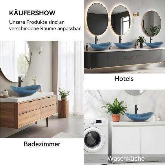 YU YUSING Waschbecken Glas Aufsatzwaschbecken Waschtisch, Oval Hand Waschschale mit Wasserhahn Set, Waschplätze für Badezimmer Küche Gäste WC, Modern Dunkelblau