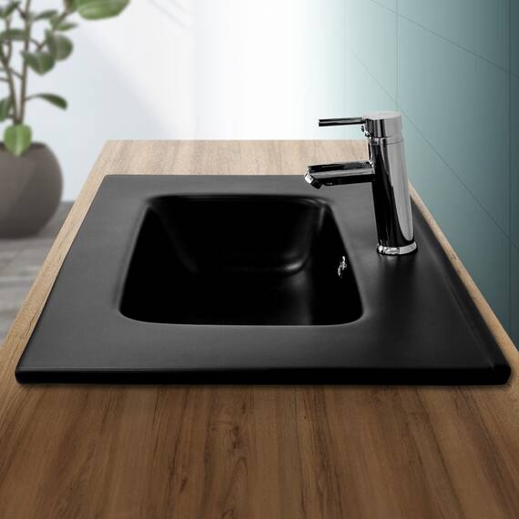 ML-Design Waschbecken aus Keramik Schwarz matt 71 x 18 x 47 cm Eckig, Einbauwaschbecken mit Hahnloch und Überlauf, Aufsatzwaschbecken Einbauwaschtisch Waschschale Handwaschbecken, für das Badezimmer