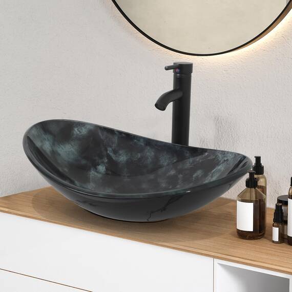 YU YUSING Waschbecken Glas Aufsatzwaschbecken Oval mit Wasserhahn Set, Waschtisch für Badezimmer Küche Gäste WC, Modern Dunkelgraue Textur, 53x35x15,5 cm