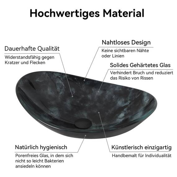 YU YUSING Waschbecken Glas Aufsatzwaschbecken Oval mit Wasserhahn Set, Waschtisch für Badezimmer Küche Gäste WC, Modern Dunkelgraue Textur, 53x35x15,5 cm