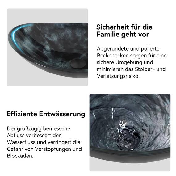 YU YUSING Waschbecken Glas Aufsatzwaschbecken Oval mit Wasserhahn Set, Waschtisch für Badezimmer Küche Gäste WC, Modern Dunkelgraue Textur, 53x35x15,5 cm