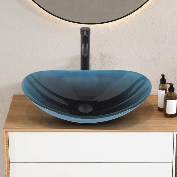YU YUSING Waschbecken Glas Aufsatzwaschbecken Waschtisch, Oval Hand Waschschale mit Wasserhahn Set, Waschplätze für Badezimmer Küche Gäste WC, Modern Dunkelblau