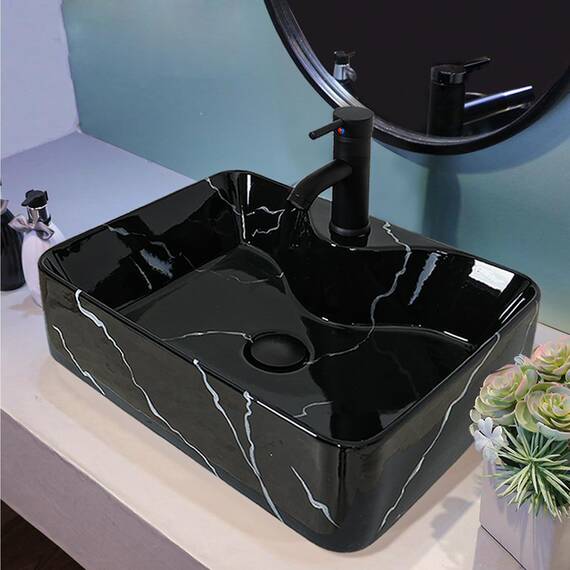 YU YUSING Aufsatzwaschbecken Keramik Waschbecken Bad Waschtisch, Rechteckig Handwaschbecken Waschschale mit Wasserhahn Set, Waschplätze für Badezimmer Küche Gäste WC, Schwarz, 48 x 38 x 13.5 cm