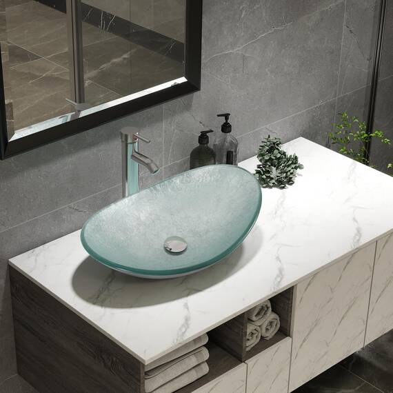 YU YUSING Aufsatzwaschbecken Waschbecken Glas Waschtisch, Oval Hand Waschschale mit Wasserhahn Set, Waschplätze für Badezimmer Bad Küche Gäste WC, Modern Silber,53 x 35 x 16 cm