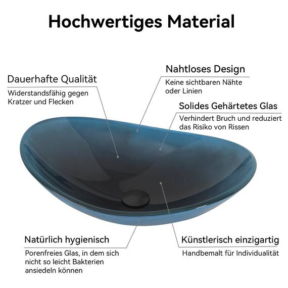 YU YUSING Waschbecken Glas Aufsatzwaschbecken Waschtisch, Oval Hand Waschschale mit Wasserhahn Set, Waschplätze für Badezimmer Küche Gäste WC, Modern Dunkelblau