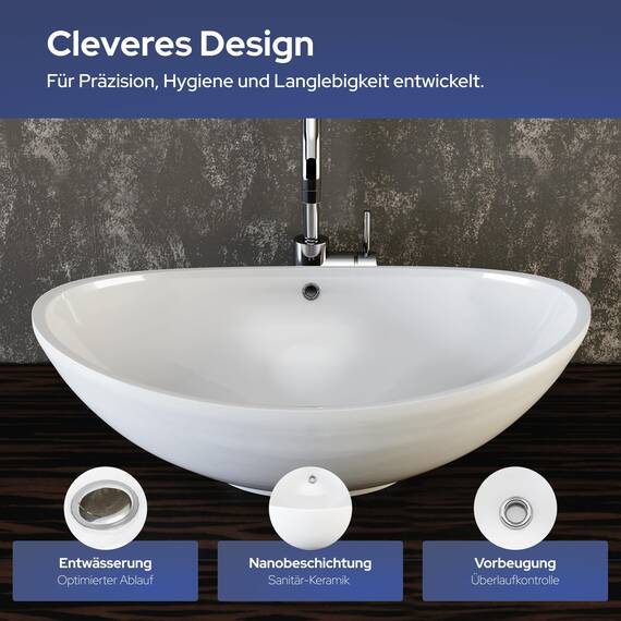 VILSTEIN® Keramik Waschbecken Oval [60CM] - Aufsatzwaschbecken Oval - Waschbecken Rund für Badezimmer & Gäste WC - Aufsatzwaschbecken Rund mit Überlauf - Handwaschbecken für Waschtisch - Bathroom Sink