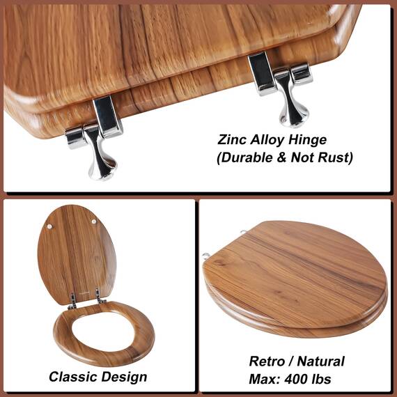 Angol Shiold Länglicher WC-Sitz, geformtes Holz, Scharniere aus Zinklegierung, einfach zu installieren und zu reinigen, knicksicher, natürlich