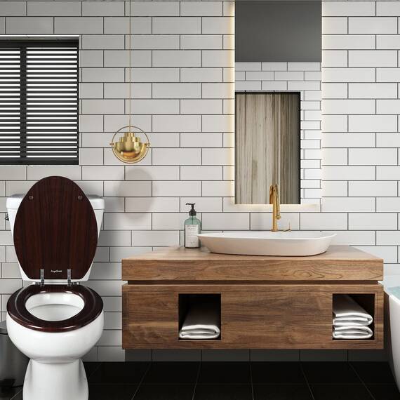 Angol Shiold Toilettensitz aus geformtem Holz mit Scharnieren aus Zinklegierung, einfach zu installieren, auch leicht zu reinigen, kein Einklemmen aus Holz (länglich, dunkelbraun)