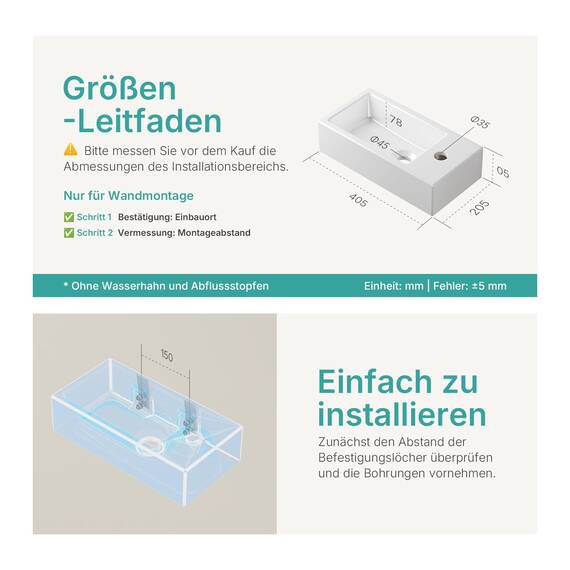 EMKE Waschbecken - Mini Hängewaschbecken für Badezimmer & Gäste-WC - 40 × 20 × 10 cm - Hochwertige KeramikWaschschale - rechteckig Armatur-Loch Rechte - Weiß