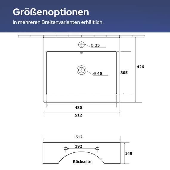 VILSTEIN® Keramik Waschbecken Eckig [51x43x14,5CM] - Hänge - & Aufsatzwaschbecken Eckig für Badezimmer & Gäste WC - Waschbecken Aufsatz - Handwaschbecken für Waschtisch - Bathroom Sink (Weiß)