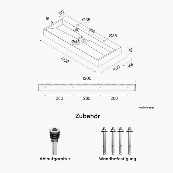 Mai & Mai Waschbecken Weiß Matt Aufsatzwaschbecken Hängewaschtisch inkl. Ablaufgarnitur Mineralguss Rechteckig Waschplatz 2-Armaturenloch Breite: 120cm