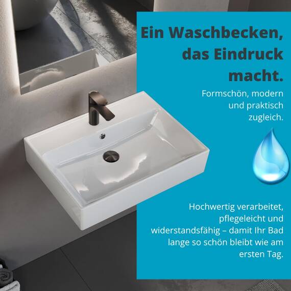 Aqua Bagno 60 cm Keramik Waschbecken Bad – modernes Aufsatzwaschbecken fürs Badezimmer, rechteckiger Waschtisch mit dünnem Rand zur Wandmontage, pflegeleichte Oberfläche, platzsparendes Eckwaschbecken
