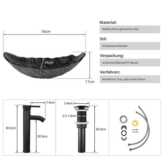 YU YUSING Aufsatzwaschbecken Waschbecken Glas Waschtisch Waschschale mit Wasserhahn Set, Blattförmiges Becken, Waschplätze für Badezimmer Küche Gäste WC, Modern Silber Grau