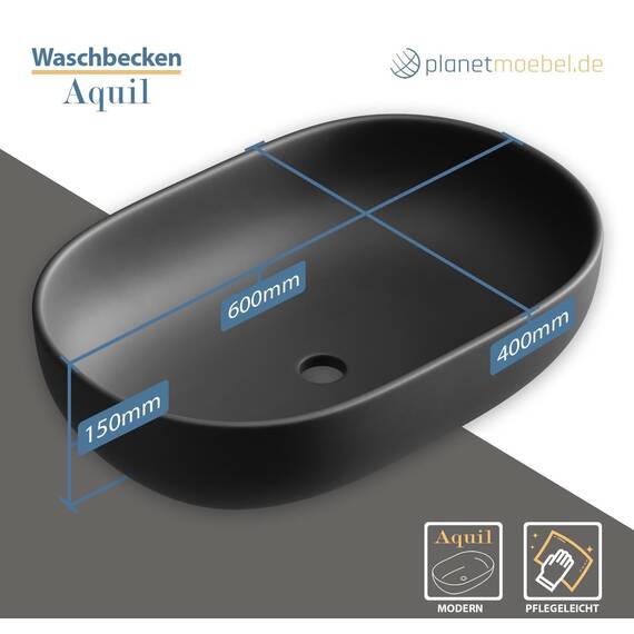 Planetmöbel Aquil Deluxe Waschbecken Oval | Aufsatzwaschbecken für Badezimmer und Gäste-WC | Handwaschbecken ohne Hahnloch und Überlauf | Schwarz matt, 60 x 40 x15 cm