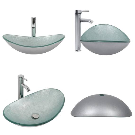 YU YUSING Aufsatzwaschbecken Waschbecken Glas Waschtisch, Oval Hand Waschschale mit Wasserhahn Set, Waschplätze für Badezimmer Bad Küche Gäste WC, Modern Silber,53 x 35 x 16 cm