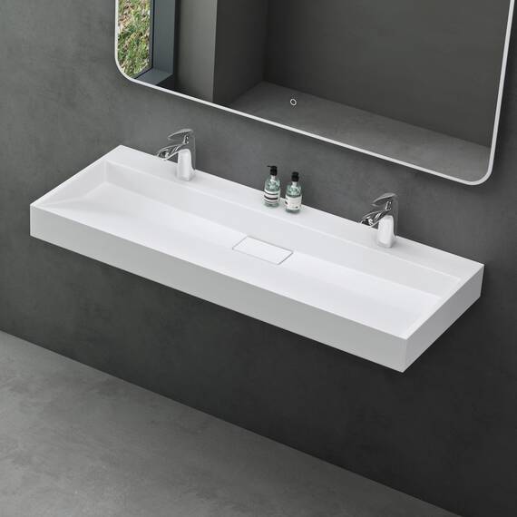 Mai & Mai Waschbecken Weiß Matt Aufsatzwaschbecken Hängewaschtisch inkl. Ablaufgarnitur Mineralguss Rechteckig Waschplatz 2-Armaturenloch Breite: 120cm