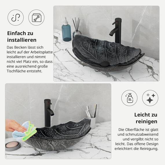 YU YUSING Aufsatzwaschbecken Waschbecken Glas Waschtisch Waschschale mit Wasserhahn Set, Blattförmiges Becken, Waschplätze für Badezimmer Küche Gäste WC, Modern Silber Grau