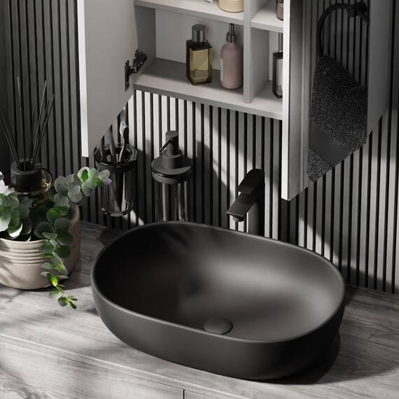 Planetmöbel Aquil Deluxe Waschbecken Oval | Aufsatzwaschbecken für Badezimmer und Gäste-WC | Handwaschbecken ohne Hahnloch und Überlauf | Schwarz matt, 60 x 40 x15 cm