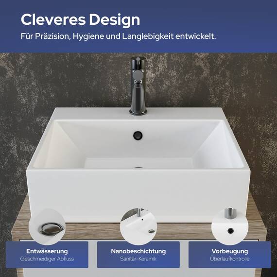 VILSTEIN® Keramik Waschbecken Eckig [51x43x14,5CM] - Hänge - & Aufsatzwaschbecken Eckig für Badezimmer & Gäste WC - Waschbecken Aufsatz - Handwaschbecken für Waschtisch - Bathroom Sink (Weiß)
