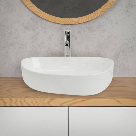 ML-Design Waschbecken aus Keramik in Weiß 55x42x18 cm Oval inkl. Ablaufgarnitur, Moderne Aufsatzwaschbecken, Design Waschtisch Aufsatz-Waschschale Waschplatz Handwaschbecken, für Badezimmer/Gäste-WC