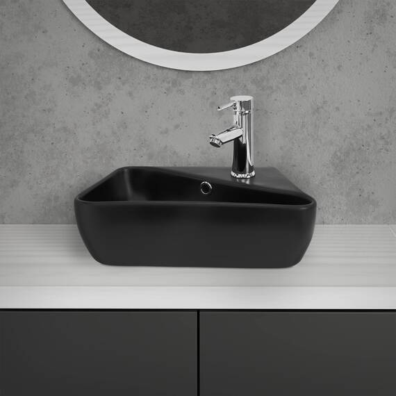 ML-Design Waschbecken aus Keramik in Schwarz matt 45x27x13 cm, Eckig, Hahnloch rechts, Wandmontage/Aufsatzwaschbecken, Design Waschtisch mit Überlauf, Aufsatz-Waschschale Waschplatz Handwaschbecken