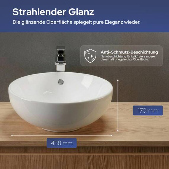 VILSTEIN® Keramik Waschbecken Oval [44CM] - Aufsatzwaschbecken Oval - Waschbecken Rund für Badezimmer & Gäste WC - Aufsatzwaschbecken Rund mit Überlauf - Handwaschbecken für Waschtisch - Bathroom Sink