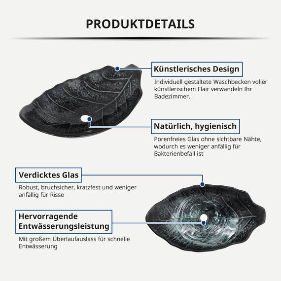YU YUSING Aufsatzwaschbecken Waschbecken Glas Waschtisch Waschschale mit Wasserhahn Set, Blattförmiges Becken, Waschplätze für Badezimmer Küche Gäste WC, Modern Silber Grau