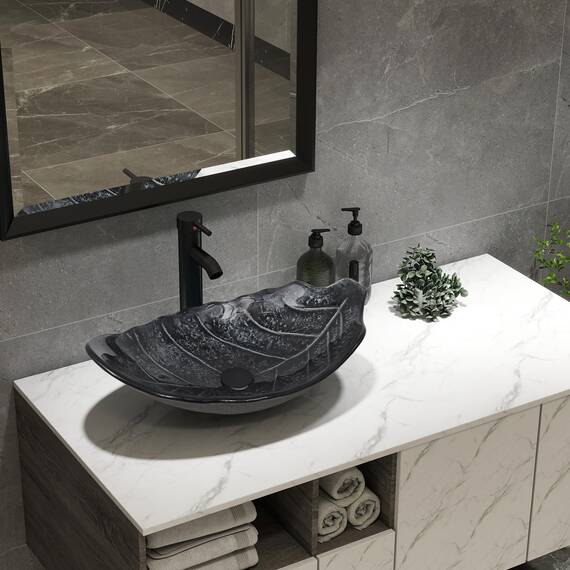 YU YUSING Aufsatzwaschbecken Waschbecken Glas Waschtisch Waschschale mit Wasserhahn Set, Blattförmiges Becken, Waschplätze für Badezimmer Küche Gäste WC, Modern Silber Grau