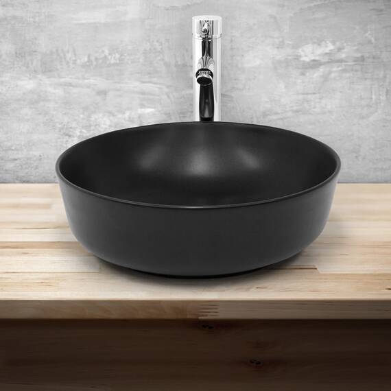 ML-Design Waschbecken aus Keramik in Schwarz matt Ø 415 x 135 mm, Runde Aufsatzwaschbecken, Moderne Waschtisch, Waschschale mit Abflussloch, Waschplatz Handwaschbecken, für Badezimmer/Gäste-WC