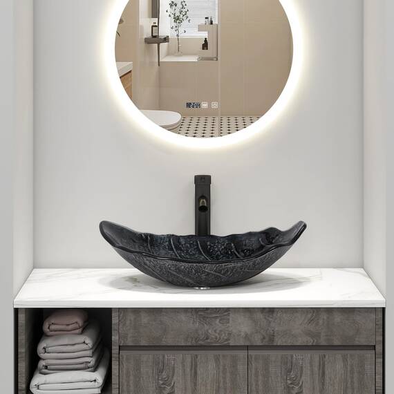YU YUSING Aufsatzwaschbecken Waschbecken Glas Waschtisch Waschschale mit Wasserhahn Set, Blattförmiges Becken, Waschplätze für Badezimmer Küche Gäste WC, Modern Silber Grau