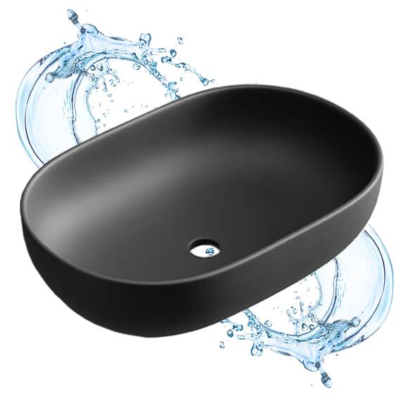 Planetmöbel Aquil Deluxe Waschbecken Oval | Aufsatzwaschbecken für Badezimmer und Gäste-WC | Handwaschbecken ohne Hahnloch und Überlauf | Schwarz matt, 60 x 40 x15 cm