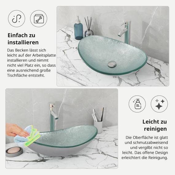 YU YUSING Aufsatzwaschbecken Waschbecken Glas Waschtisch, Oval Hand Waschschale mit Wasserhahn Set, Waschplätze für Badezimmer Bad Küche Gäste WC, Modern Silber,53 x 35 x 16 cm