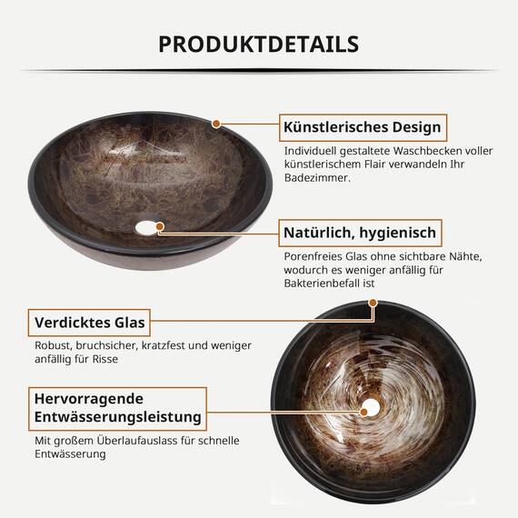 YU YUSING Waschbecken Aufsatzwaschbecken Hand Waschschale Wasserhahn Ablaufgarnitur Set, Waschplätze Glas für Bad Küche Gäste WC Badezimmer, 42 x 42 x 14 cm