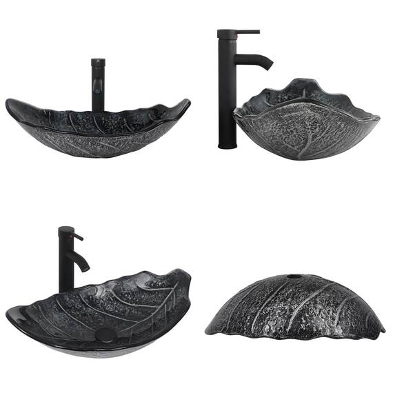 YU YUSING Aufsatzwaschbecken Waschbecken Glas Waschtisch Waschschale mit Wasserhahn Set, Blattförmiges Becken, Waschplätze für Badezimmer Küche Gäste WC, Modern Silber Grau