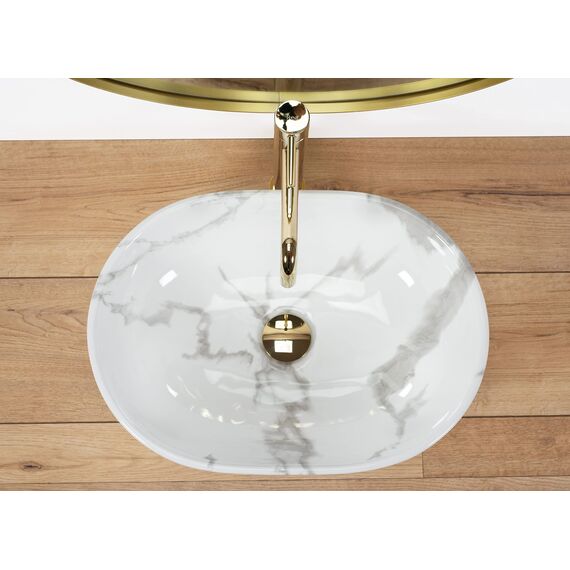 Rea Aufsatzwaschbecken Amelia Marmo, glänzendes Waschtisch Handwaschbecken Waschschale Waschbecken für Badezimmer aus hochwertiger Keramik, 480 x 345 x 135 mm (weiß, Marmorimitat)
