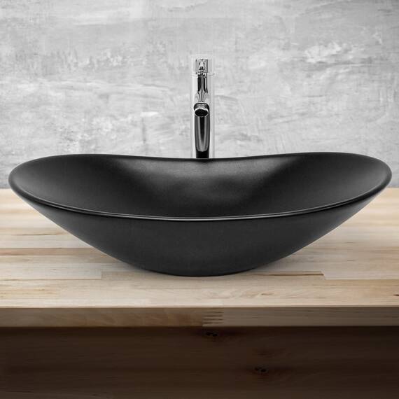 ML-Design Waschbecken aus Keramik in Schwarz matt 63 x 36 x 15,5 cm, Ovale Aufsatzwaschbecken, Moderne Waschtisch, Waschschale mit Abflussloch, Waschplatz Handwaschbecken, für Badezimmer/Gäste-WC